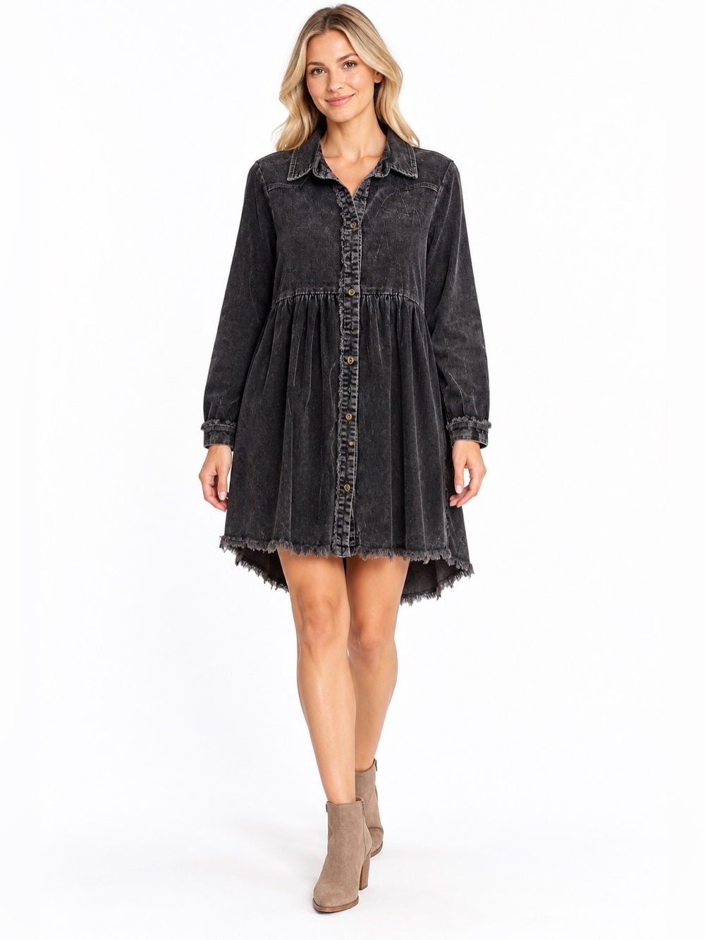 Umgee NWT Vinatge-Wash Black Corduroy Button-Front Shirt Dress